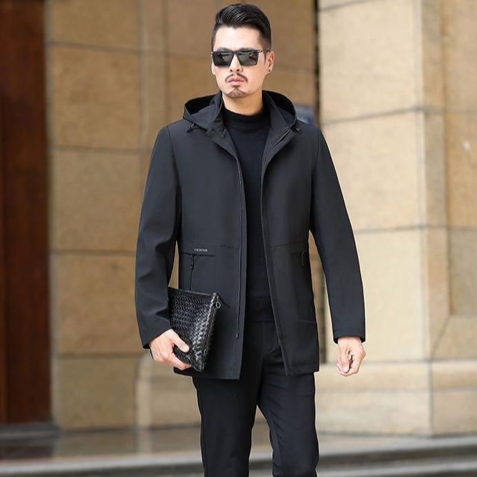 Męska kurtka wiatrówka o średniej długości, casualowa, na wiosnę i jesień, retro kurtka z kapturem