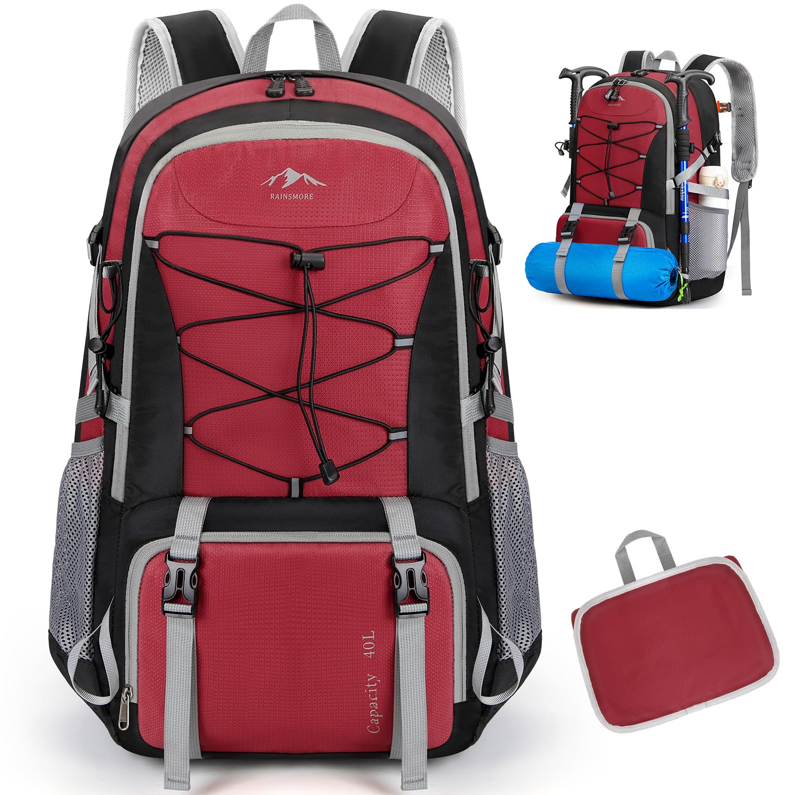 

RAINSMORE Foldable 40L Large for Outdoor Mountain Emergency and Red Men s Backpack, Capacity, Lightweight, Activities, Climbing, Preparedness,