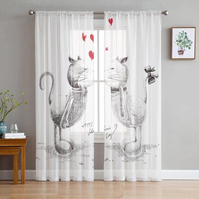 Animal Cat Love Sheer Curtains For Living Room Tulle Curtain For Bedroom Kitchen Window Voile Curtains