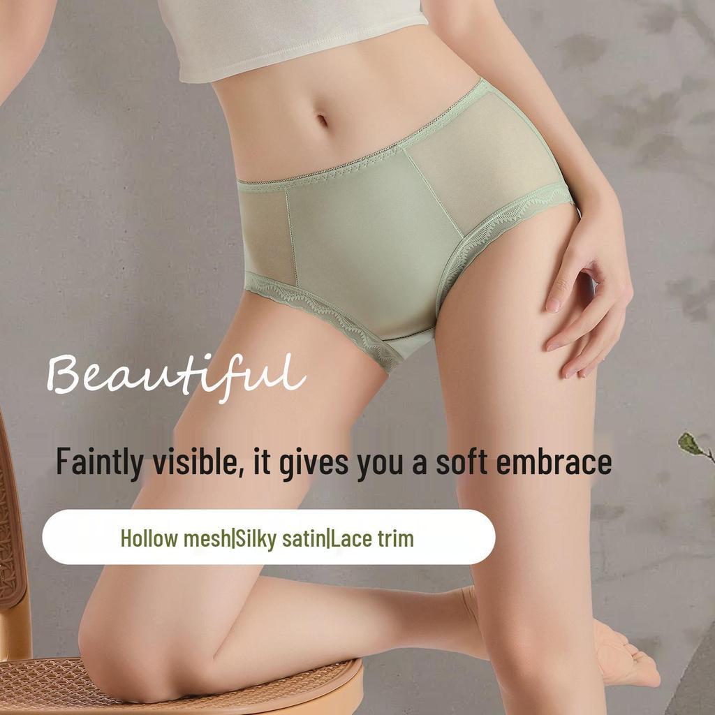 Women's Mid-Waist Ice Silk Lace Underwear - Summer Mesh Satin, Sexy Solid Color with Cotton Crotch