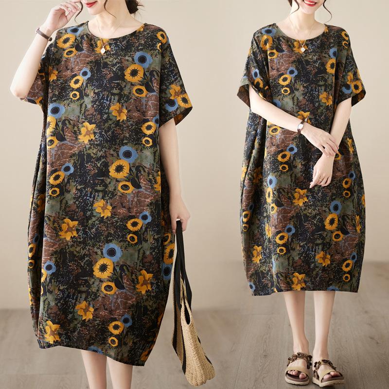 Real Shot 2026 Summer New Large Size Women's Clothing Fat MM Linen Cotton Linen Retro Literary Ethnic Style Casual Dress