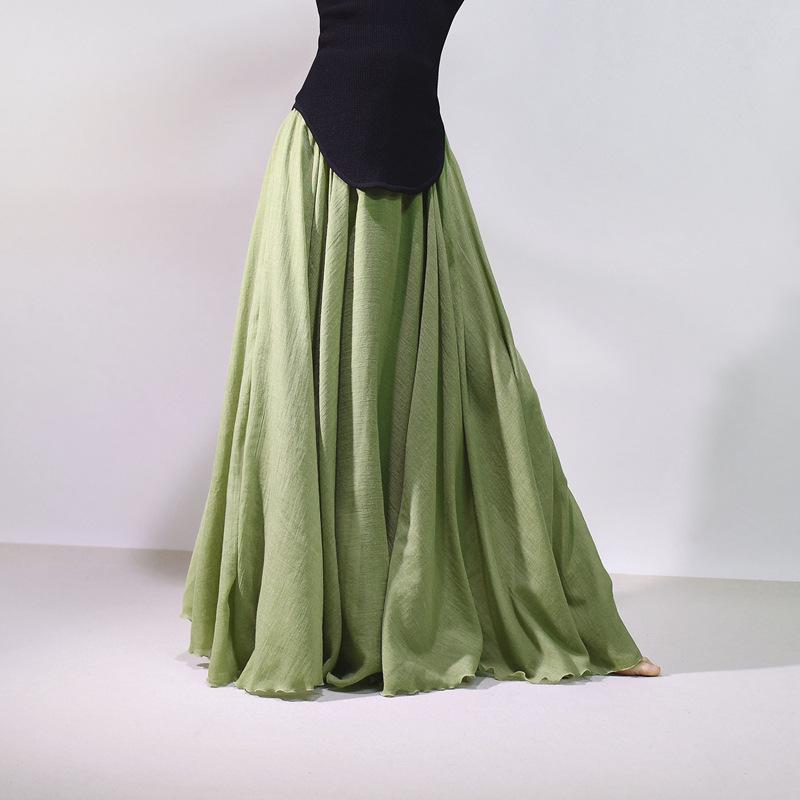 Mori Girl Cotton Linen A-Line Skirt: Elastic Waist, Long Solid Color, National Style Swing