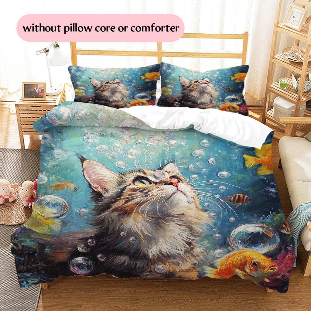 Bubble Cat Pattern Bedding Quilt Set Quilt Cover Pillowcase Home Decoration Gift (1 * duvet cover + 2 * pillowcase, without core)