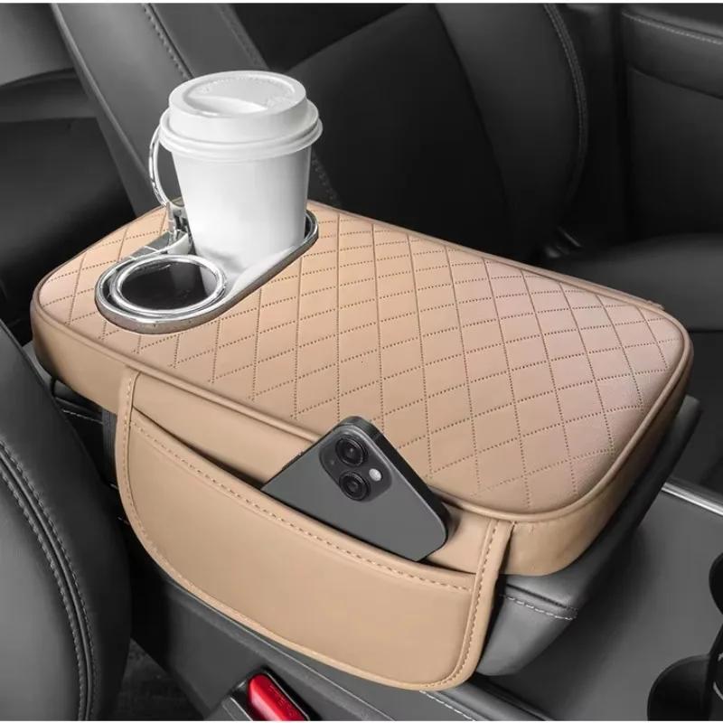 PU-Leder Auto Mittelkonsole Armlehnenkissen mit 2 Getränkehaltern und Seitentasche Auto Erhöhtes Kissen Auto Armlehnenbezug