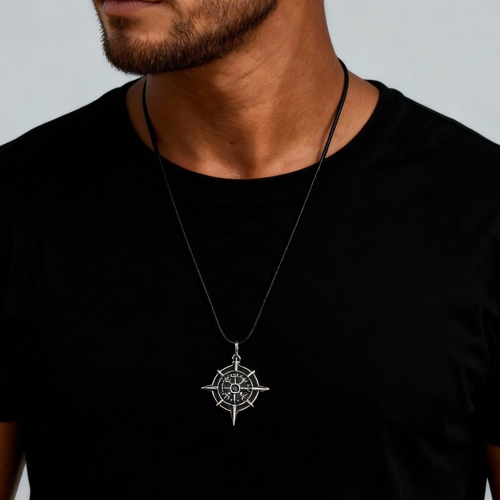 Retro Viking Rune Compass Necklace for Men Boys,Gun black Stainless Steel Talisman Collars,Stylish Punk Jewelry Gift