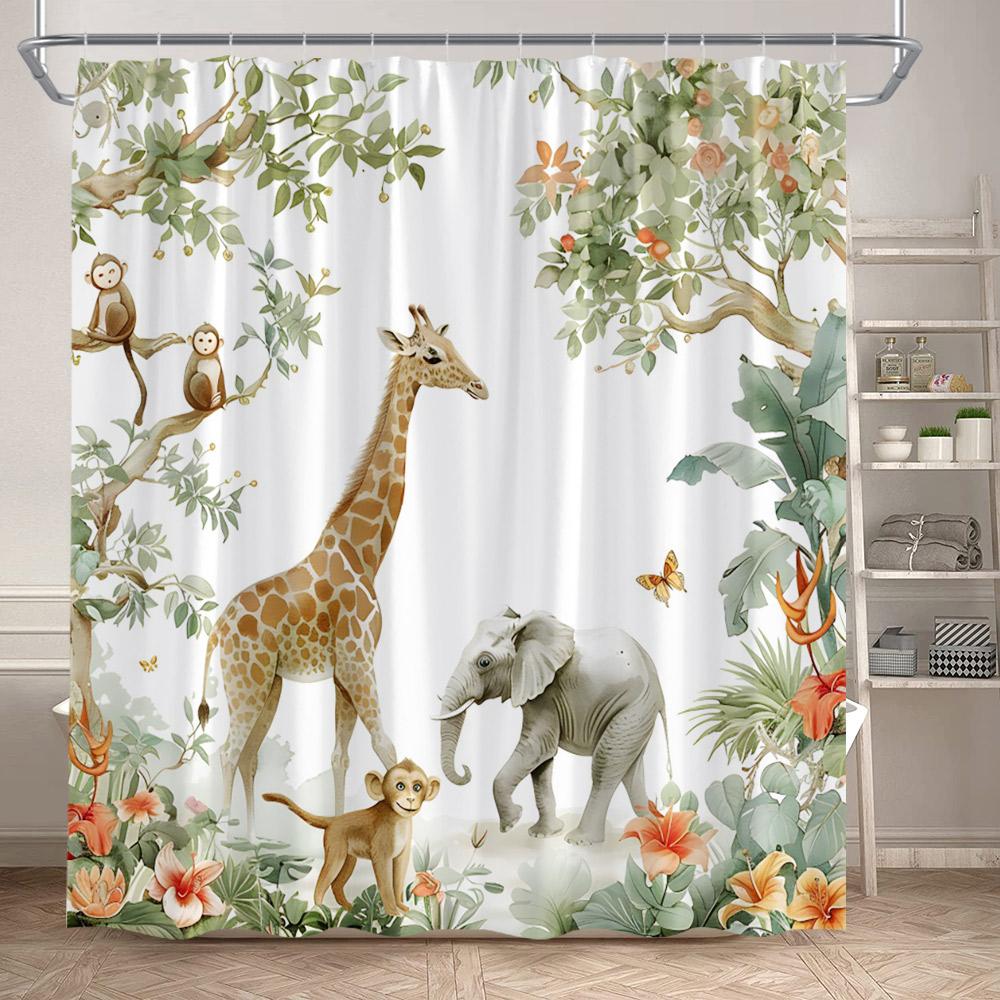 Cartoon Wild Animals Shower Curtains Lion Elephant Giraffe Monkey Forest Wildlife Kids Bath Curtain Fabric Home Bathroom Decor