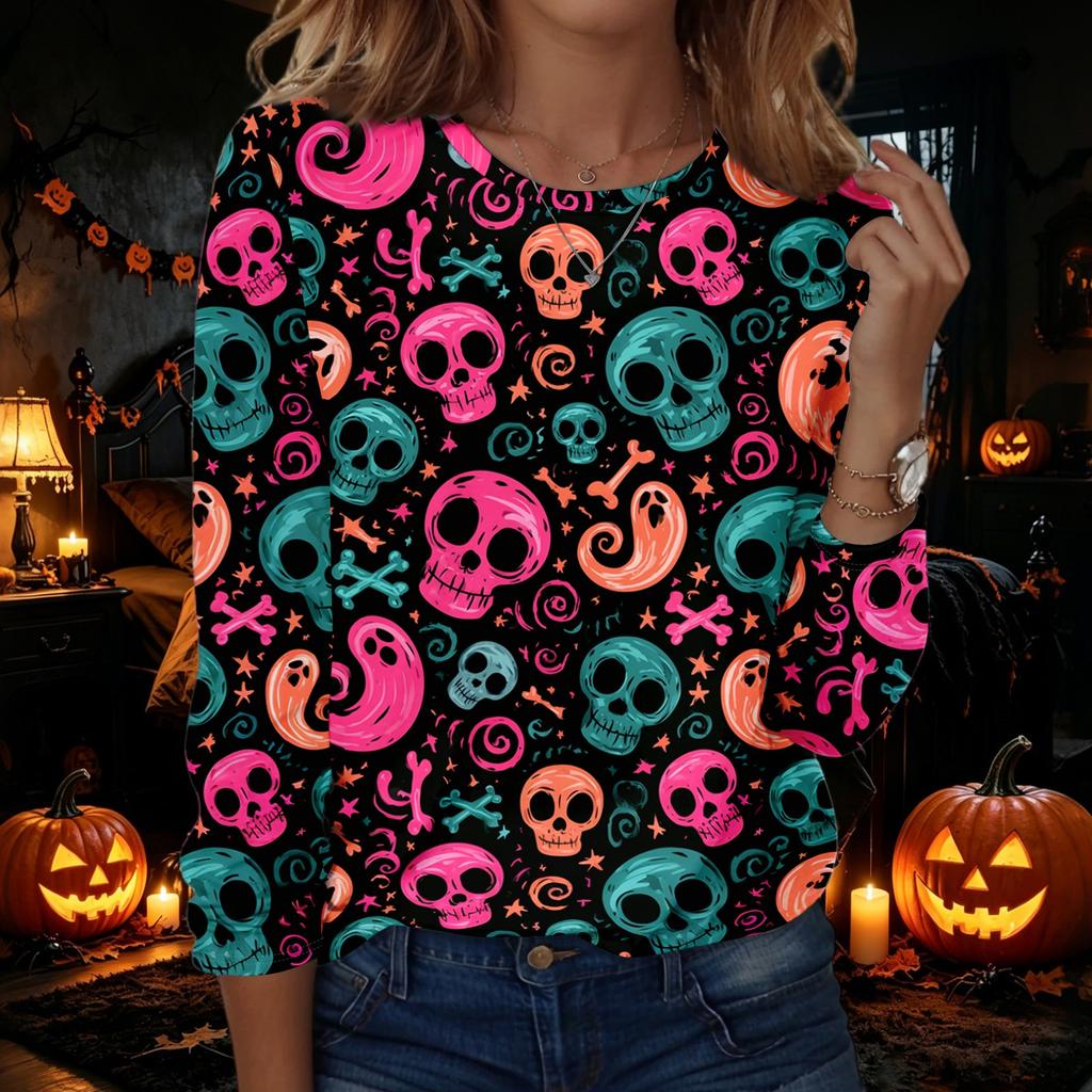 Women's Halloween Printed Long Sleeve Neck Pullover Top