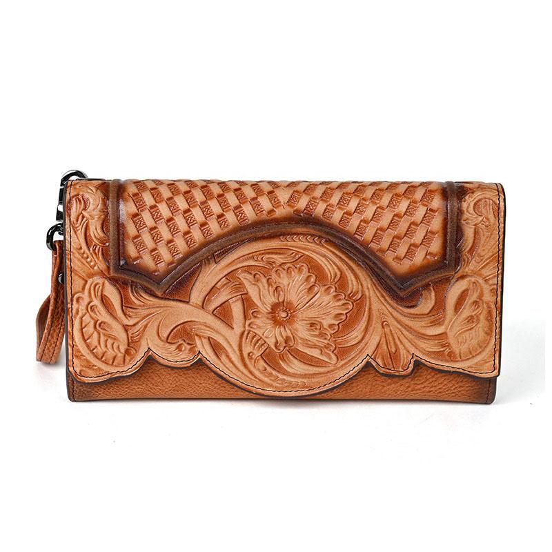 Florales Echtleder Portemonnaie Damen Handgefertigt Echtes Erstschicht Rindsleder Clutch Tasche Groß Weiblich Kartenhalter Geldbörse brown