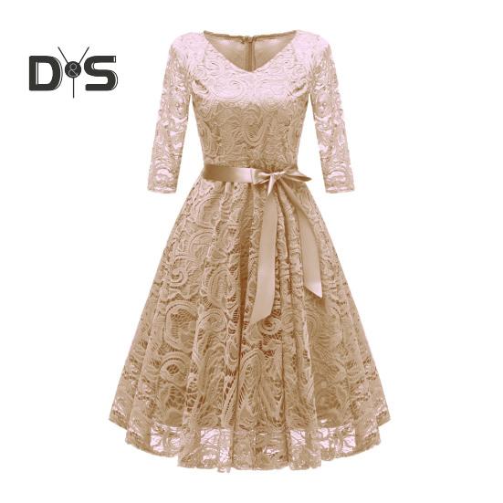 Women Prom Dress V Neck Back Zipper Bow Belt Tight Mid Waist Flower Embroidery A-line Loose Hem Long Sleeve Double Layers Elegant Party Banquet Midi