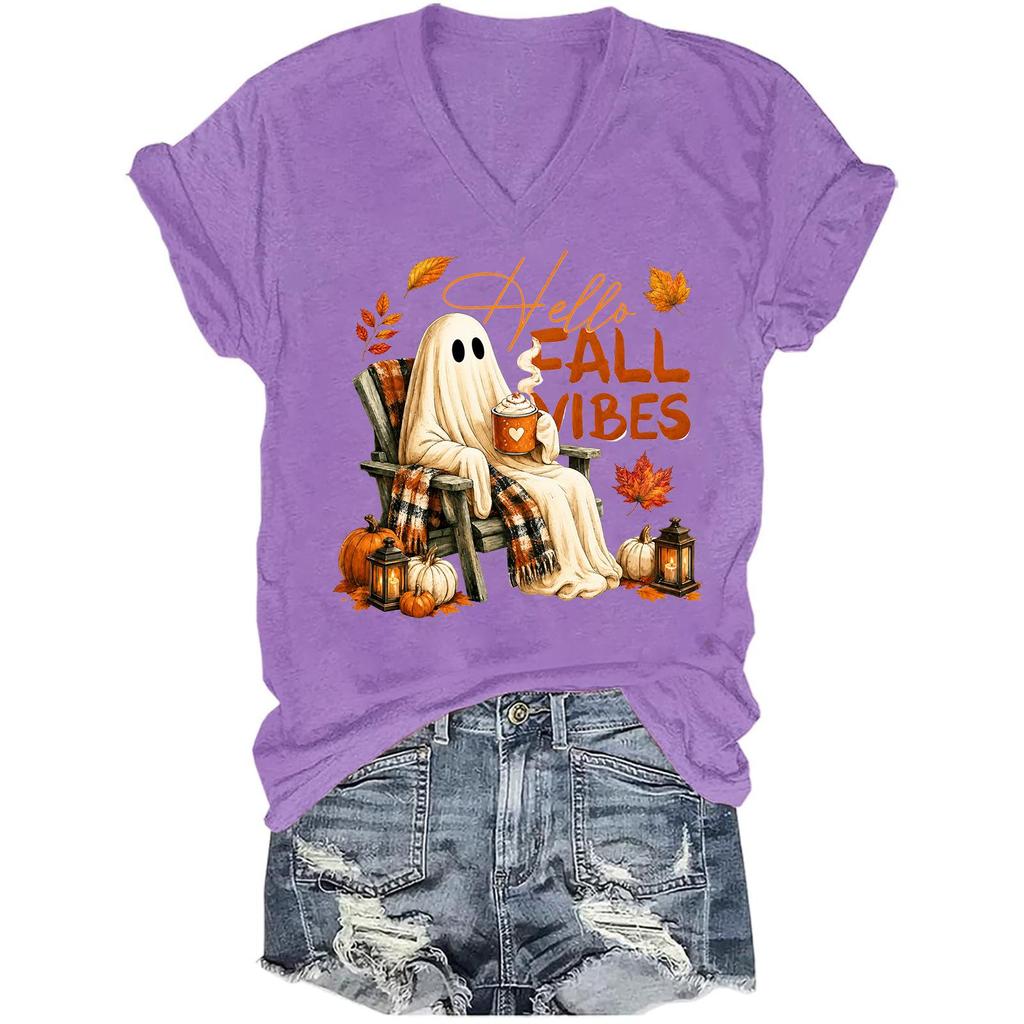Women's Halloween Print Short Sleeve V-Neck T-Shirt Casual Top