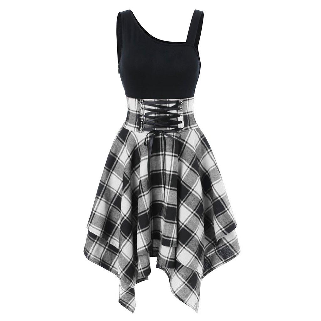 Fashion Women Sleeveless Cold Shoulder Cross  Plaid Print Irregular Dress