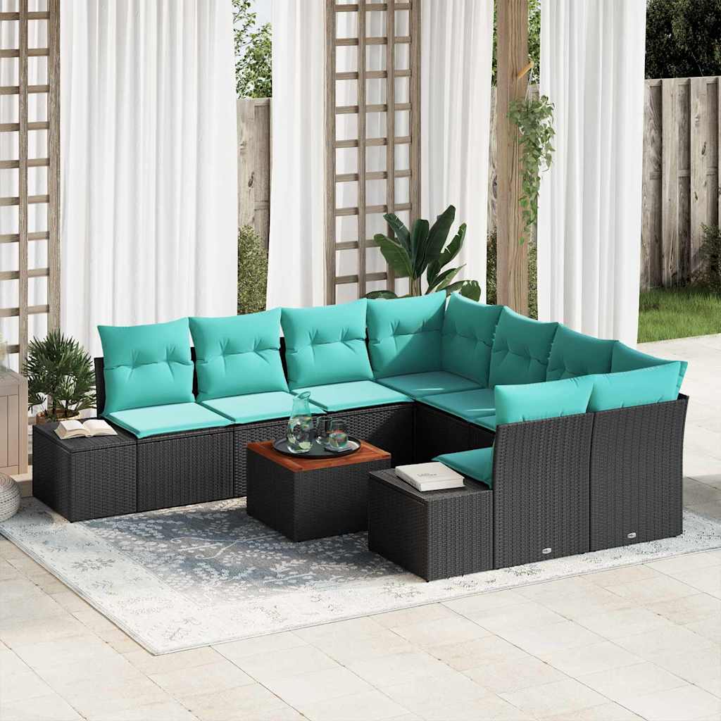 Garden Sofa Set 9 Pieces Black and Turquoise Poly Rattan