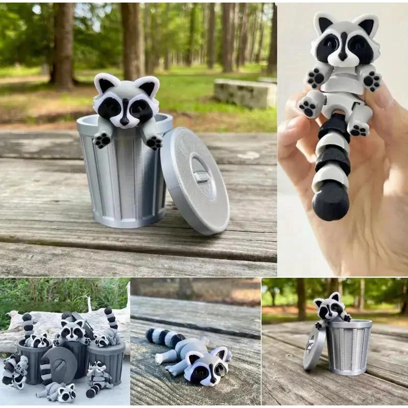 Farbverlauf Gelenkiger Waschbär Fidget Spielzeug (3D gedruckt): Mehrgelenk-Bewegliches Tier mit Mülleimer – Trendige Wohn-/Schreibtisch-Dekoration