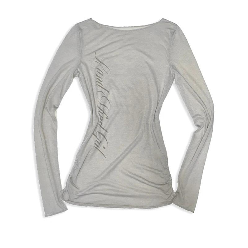 

Готический Harajuku Винтажный панк Эмо Девушки Длинный рукав Футболка Сексуальный тонкий шикарный принт Укороченные топы Гранж Y2K Эстетика Женская уличная одежда S миндальный