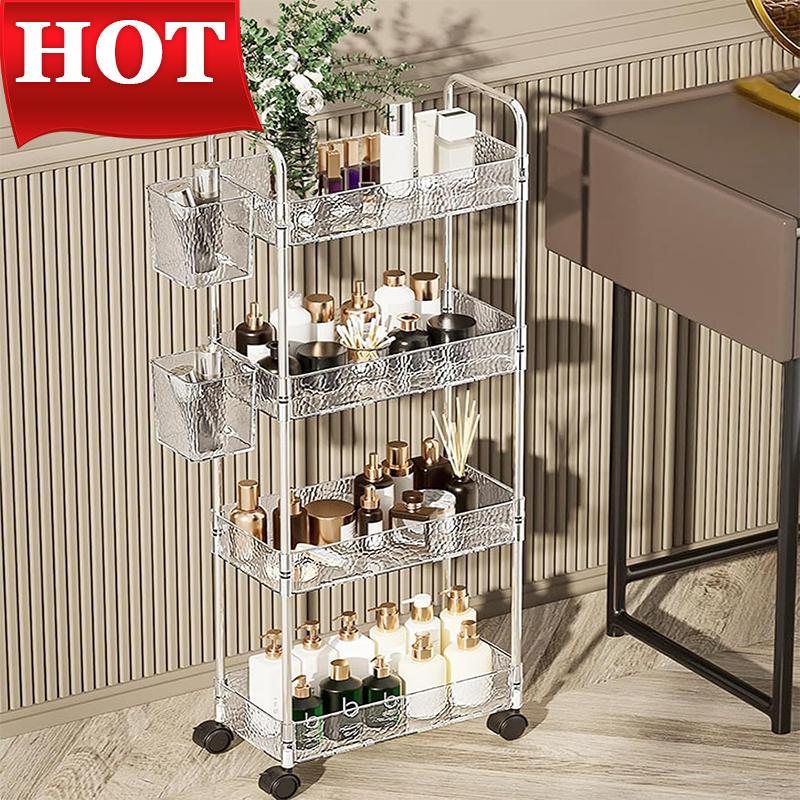 Four-layer brown transparent storage cart with wheels - multi-functional rolling organizing rack, suitable for home use