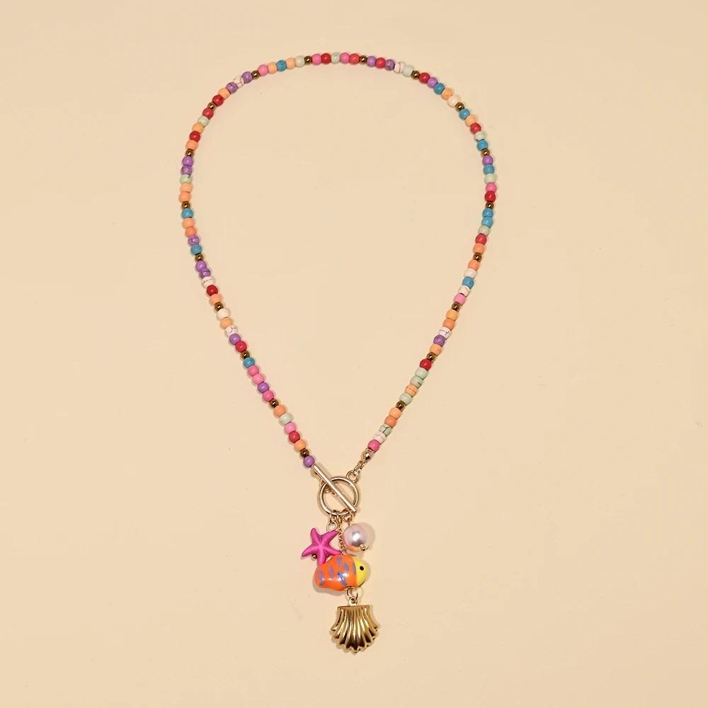 Vacation Style Ceramic Fish Bohemian Pendant Adjustable Rope Faux Pearl Collarbone Chain Boho Choker Jewelry Female Fashion