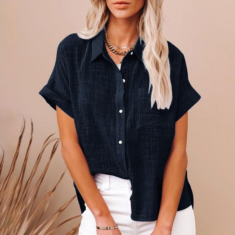 Fashion Short Sleeved Casual Women Summer Shirt Plus Size Elegant Lapel Casual Office Blouse Woman Loose Solid Color Women's Clothing