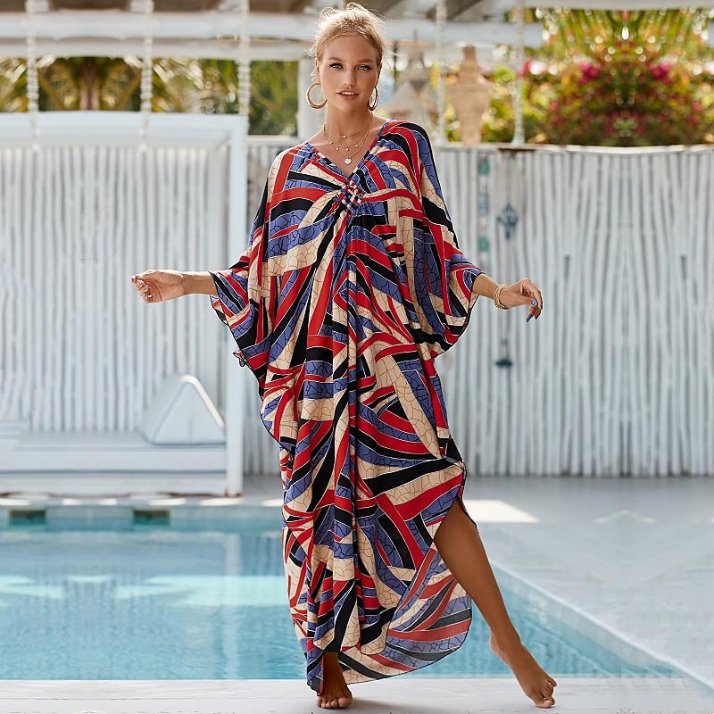 

EDOLYNSA Красный купальник-бикини с принтом тай-дай, халат, повседневная летняя пляжная юбка с v-образным вырезом и боковым разрезом, женская пляжная одежда, накидка на купальник Q1297