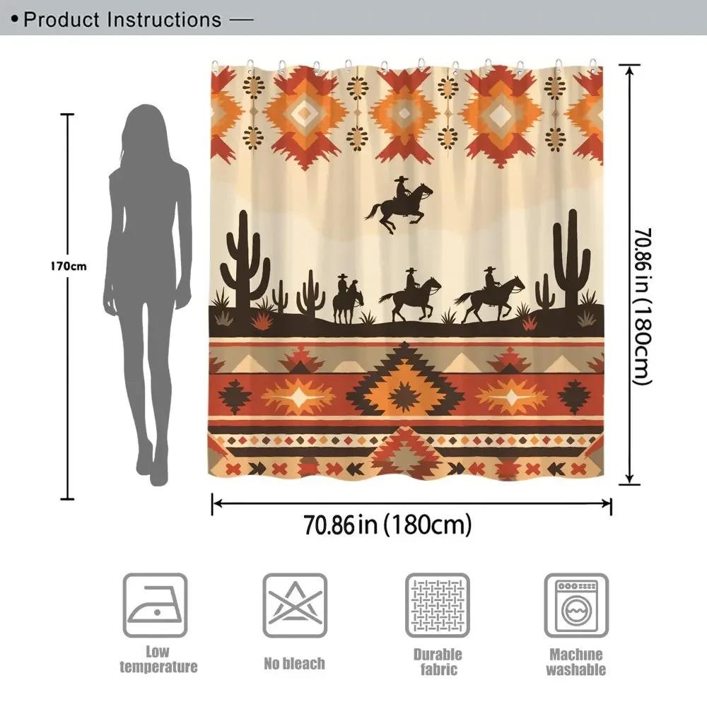 Westlicher Cowboy-Silhouette-Duschvorhang - Wüstenhimmel & Kakteen, Polyester-Badezimmerdekoration, Maschinenwaschbar, Inklusive 12 Haken