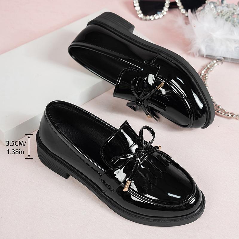 

Fashion Fashion Bowknot Patent Leather Flats Women 2025 Plus Size Black Med Heeled Loafers Woman Comfortable Slip On Single Shoes Female 35