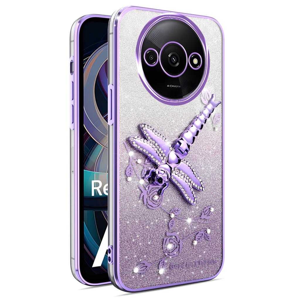 Pouzdro pro Xiaomi Redmi A3 4G/A3x 4G/Poco C61 4G Dragonfly Stojánek TPU Květiny Třpytivé Kryt na telefon