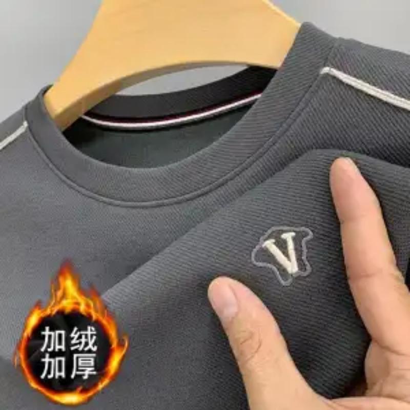 Men's Sweatshirt Winter Round Neck Hoodless Pullover Plus Velvet Thickened Bottoming Shirt Fashionable Versatile Casual Top