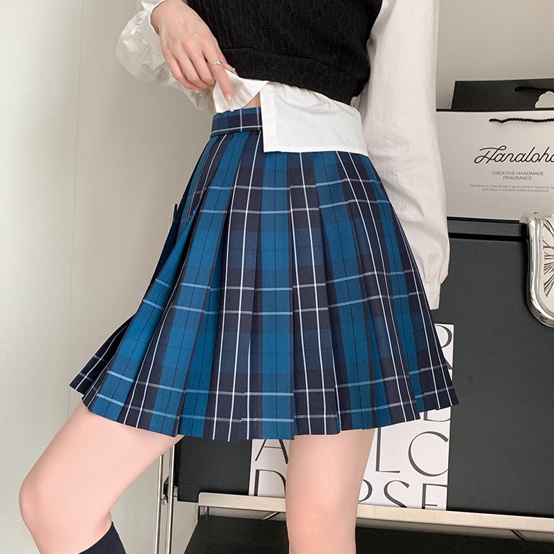 Women's Blue Plaid A-Line High Waist Pleated Skirt - College Style, Plus Size, Short Length for Spring & Autumn