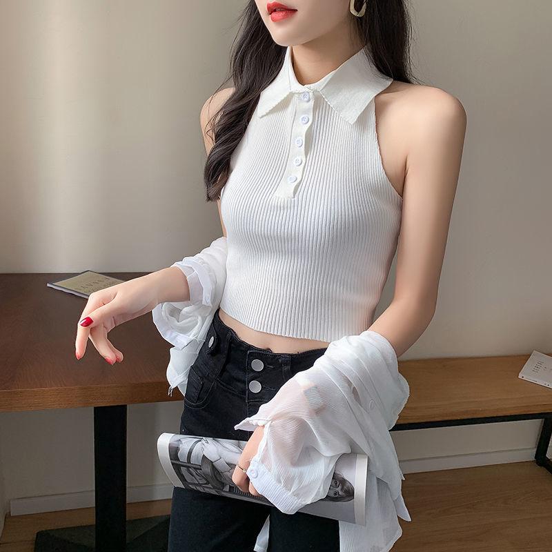 

Жилет з коміром поло на шиї, жіночий літній, європейський та американський стиль, універсальний, приталений та сексуальний короткий топ one size білий