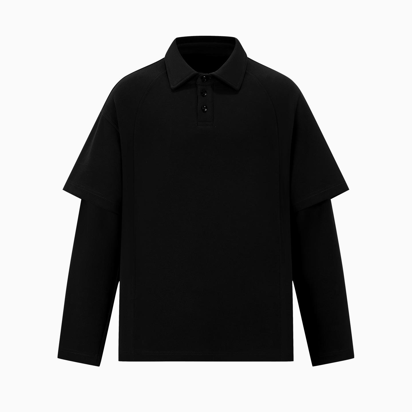 Men s Autumn Japanese Style Patchwork Two-Piece Long Sleeve Polo Shirt - Trendy Casual Fashion Top M (105-135 cm) чёрный
