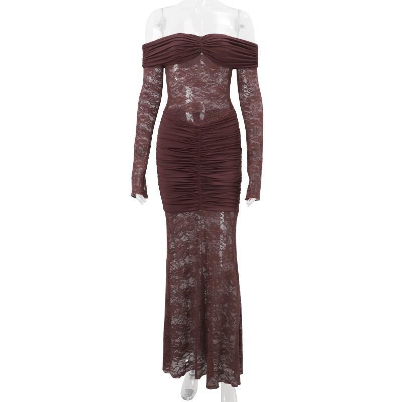 Women s autumn new sexy one-word shoulder lace splicing pleated long-sleeved hip-wrapped dress women S коричневый