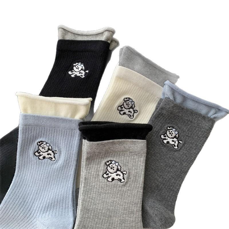 Color-blocking Double-moused Cartoon Puppy Embroidered Socks, Women's Vertical Mid-calf Socks, College Style Boneless Pile Socks