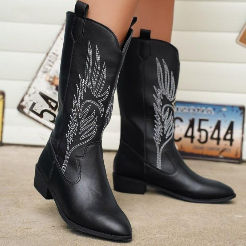 Damenstiefel Zum Hineinschlüpfen Mittelhohe Stiefel Spitze Quadratischer Absatz Cowboystiefel Plateau Ritterstiefel Große Größen Stickerei Langer Stiefel