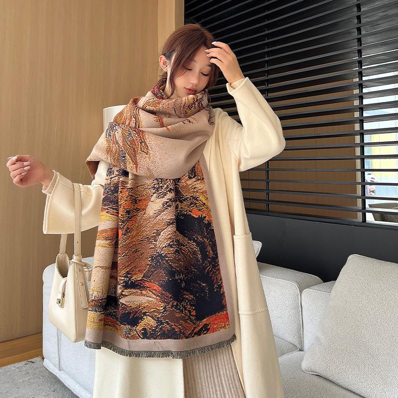 Imitation Cashmere Scarf for Women In Autumn and Winter Chinese Painting Exquisite Fashion Scarf Versatile Warm and High End Tassel Shawl