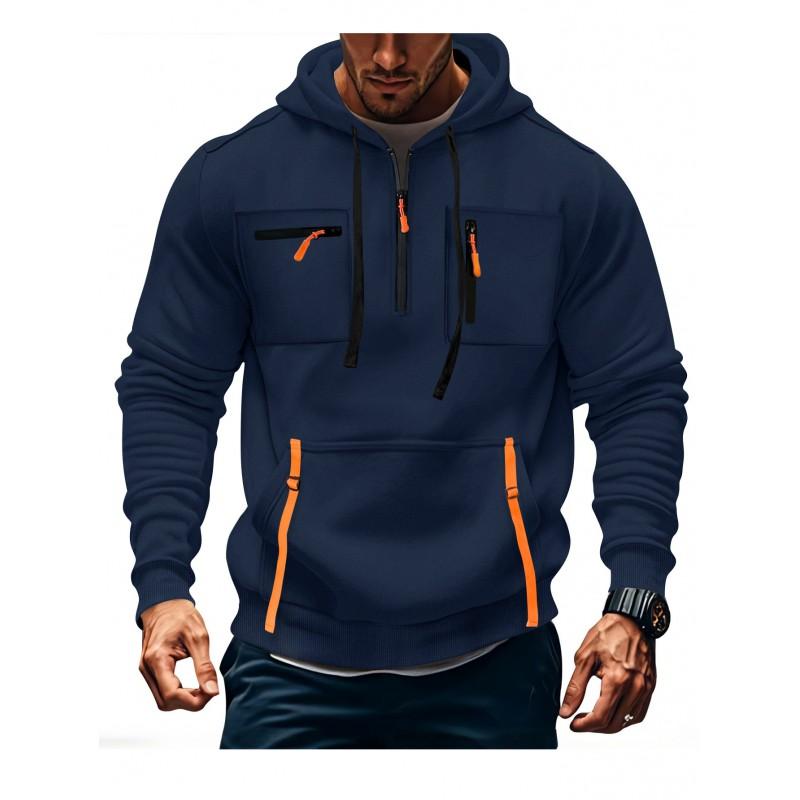 Mens Hooded Sweatshirt With Zippered Pockets Slim Fit Cotton Blend Casual Pullover