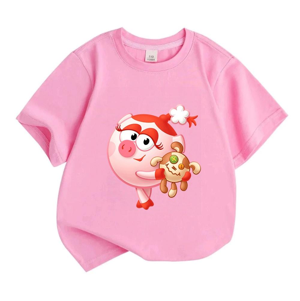 Kids Boys Girls Crew Neck Short Sleeve 100% Cotton T-Shirt Cute Cartoon Pink Pig Character Print Casual Soft Breathable Tees for Toddlers