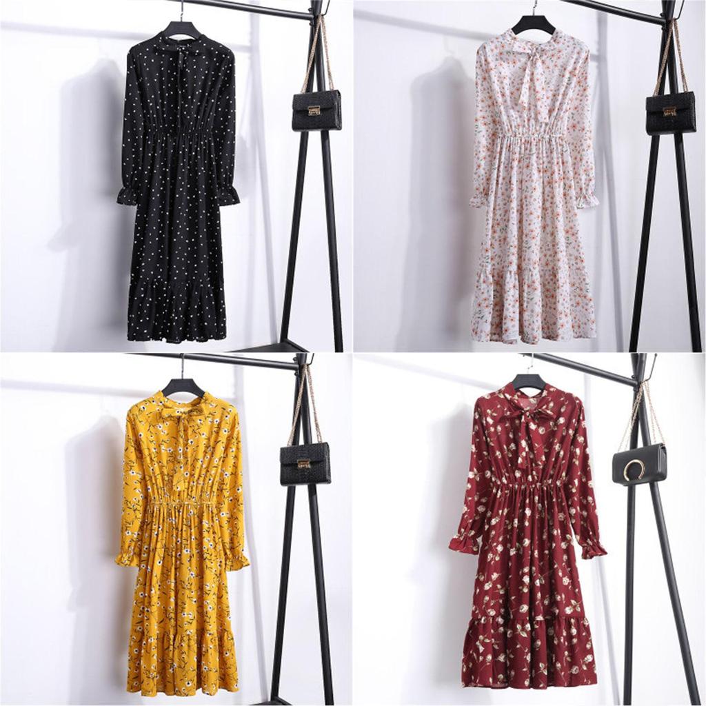 Elegant Floral Chiffon Long Sleeve Casual Vintage Boho Maxi Dress For Women