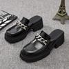 New Women Mules Black Leather Platform Silver Chain Squared Toe Casual Chunky Heels Rubber Lightly Summer Shoes Female