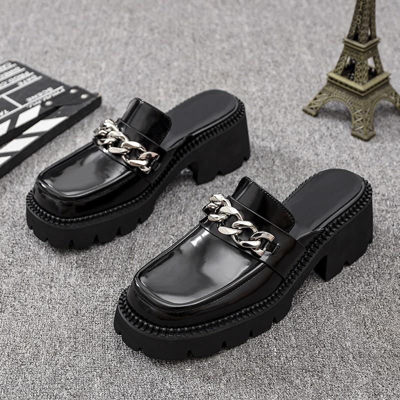 New Women Mules Black Leather Platform Silver Chain Squared Toe Casual Chunky Heels Rubber Lightly Summer Shoes Female