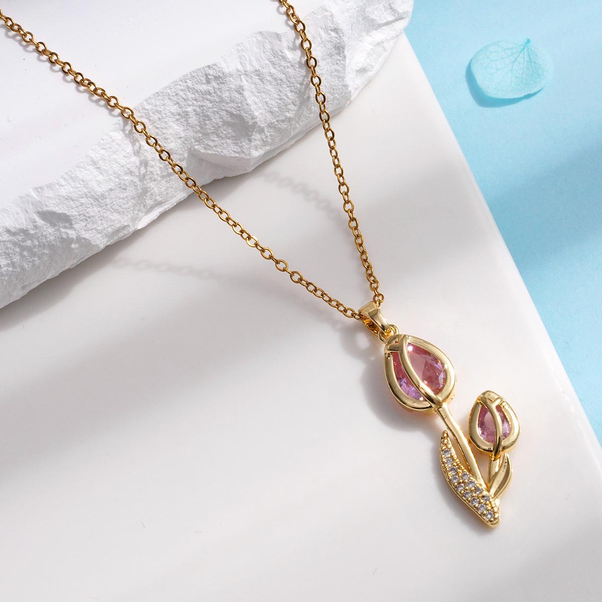 

Fashion Gold Color Zircon Tulip Flower Pendant Necklaces for Women Elegant Stainless Steel Chain Jewelry Collar Accessories Gift