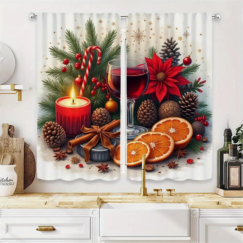2pcs Christmas Window Curtains - Heavyweight Matte Polyester Blackout Curtains with Red   Green   Golden Holiday Decor - Machine