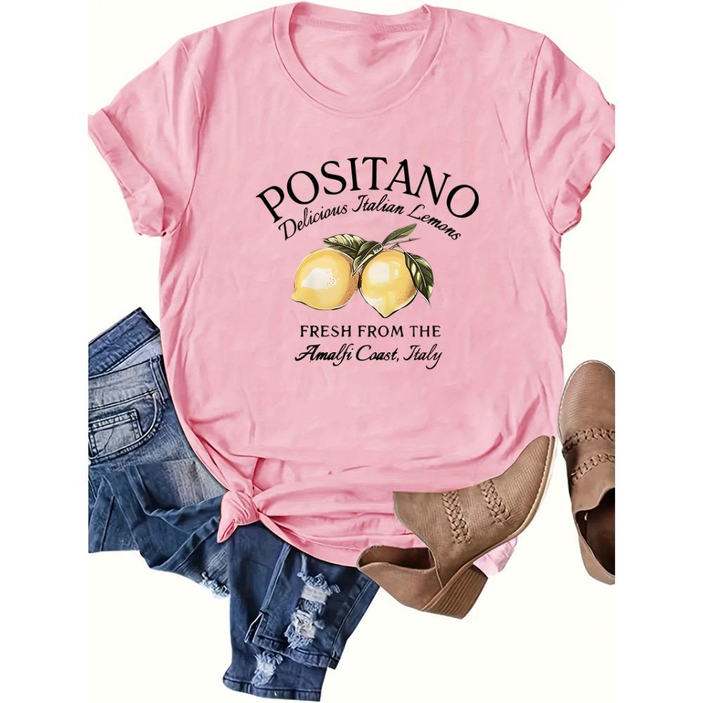

Positano Letter Lemon Graphic Printing Women s T-shirt Short-sleeved Round Neck Summer Casual Top Women s Clothes S