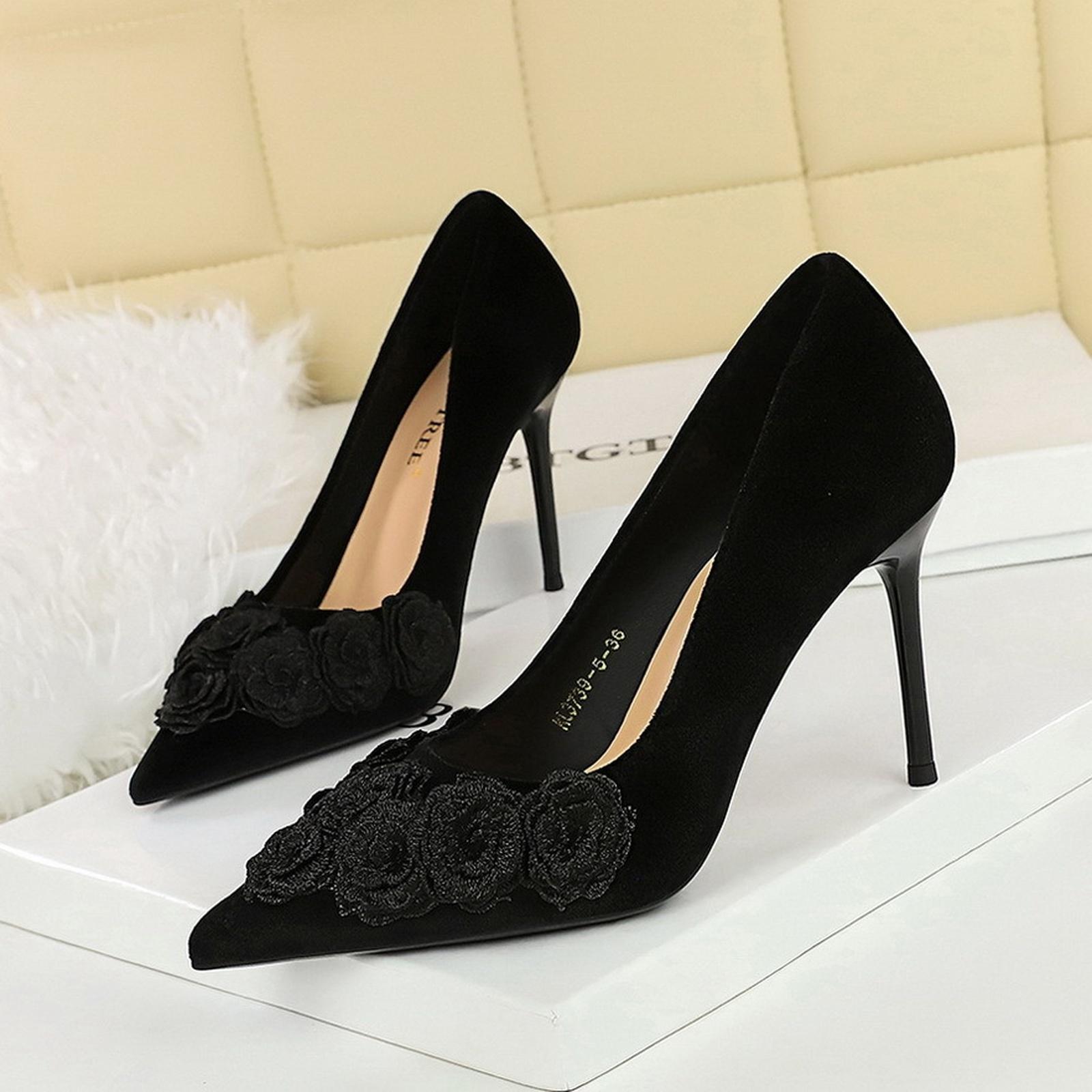 Women s Suede Flower Pointed Toe Stiletto Pumps 36