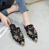 Fashion 2024 Crystal Fox Slippers Women Rivets Mules Ladies Flats Slides Slip On Loafers Metal Pointed Toe Flipflops Rhinestone Shoes