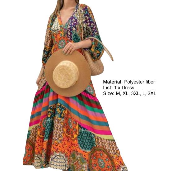 V-Neck Lantern Sleeve Pleated Maxi Dress Retro Ethnic Print Large Hem Beach Long