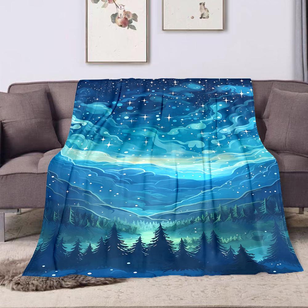 Starry Night Sky Over Forest Scene Patterned Flannel Blanket Perfect for the Bedroom Living Room, Sofa, or a Little Nap