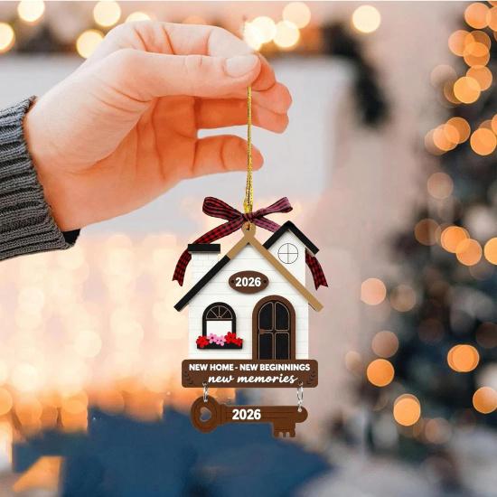 New Home Housewarming Gifts 2026 - Rustic Wood House Ornament with Key Charm & Buffalo Plaid Bow - 3.9" Closing Gift, Present for Homeowners Moving