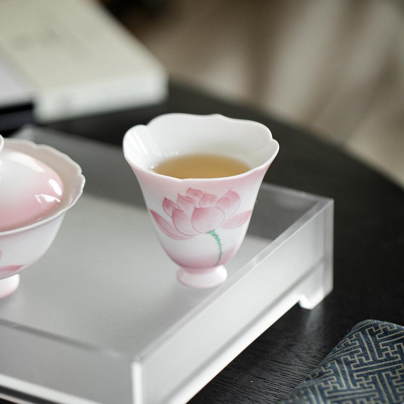 Pink Hand-Painted Lotus Ceramic Tea Cup - Flared Rim Zen Tea Bowl for Kung Fu Ceremony, Floral Design High-Stem Sipping Cup