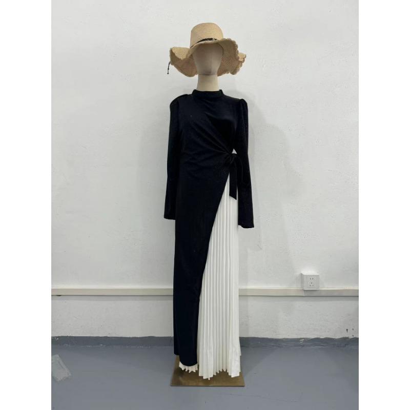 Women's Long Sleeve Patchwork Pleated Two-Piece Dresses