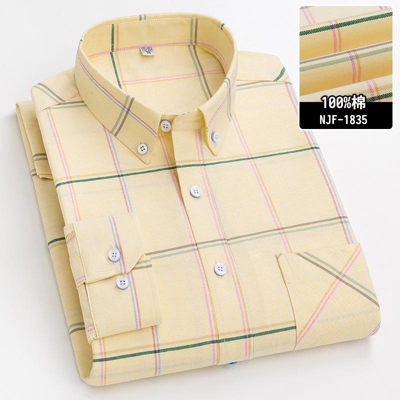 New Pure Cotton Business Men Oxford Shirt Long Sleeve Casual Plaid Striped with Chest Pocket Non-iron Autumn Spring