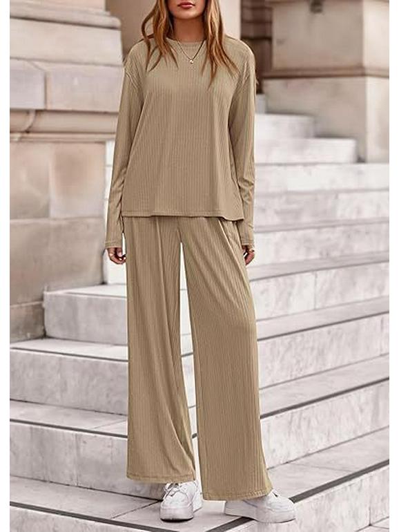 Women's Autumn 2-Piece Set: Long Sleeve Ribbed Knit Top & Wide Leg Pants - Casual & Postpartum Wear
